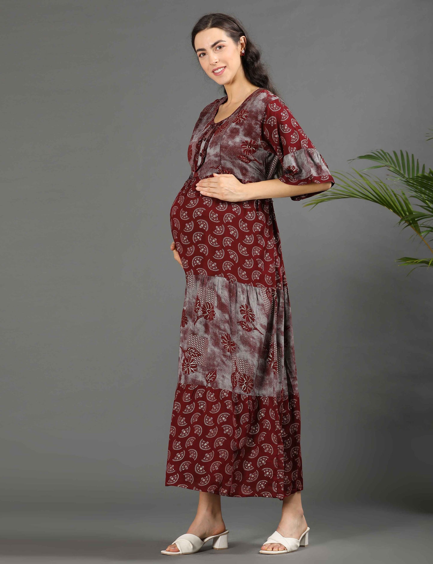 Maroon-Colored Maternity Long Gown