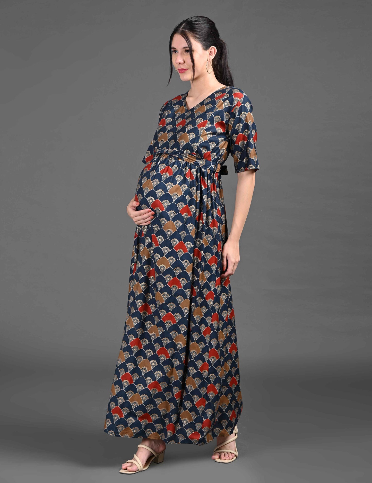 Womens Printed Maternity Long Gown - Indigo