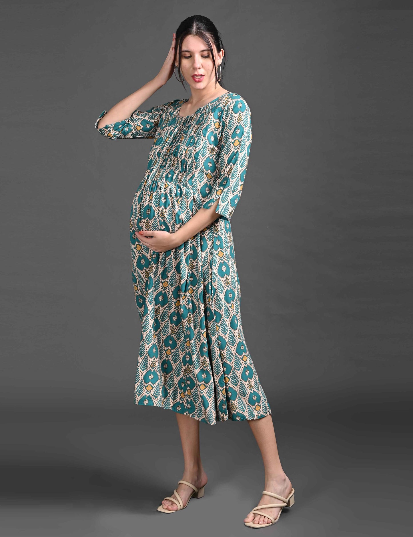 Green-Colored Maternity 3/4th Gown