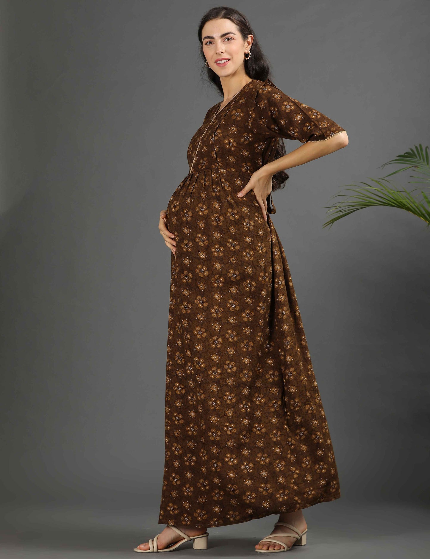 Khaki-Colored Maternity Long Gown