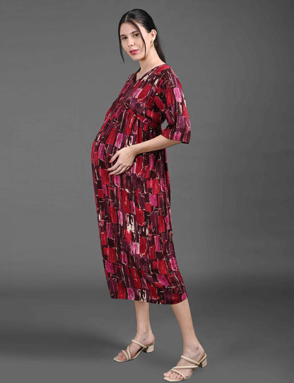 Red-Colored Maternity 3/4th Gown