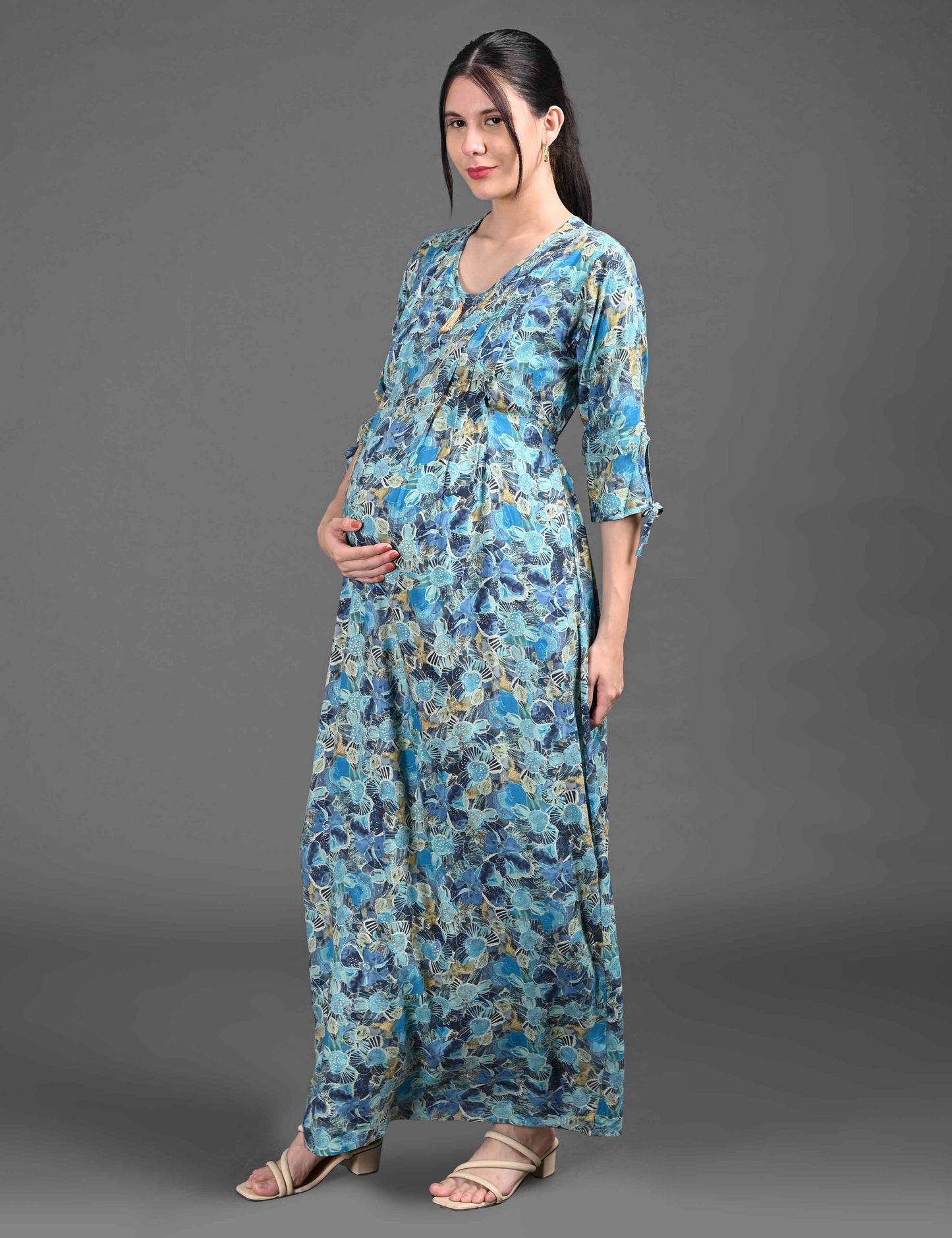 Womens Printed Maternity Long Gown - Blue