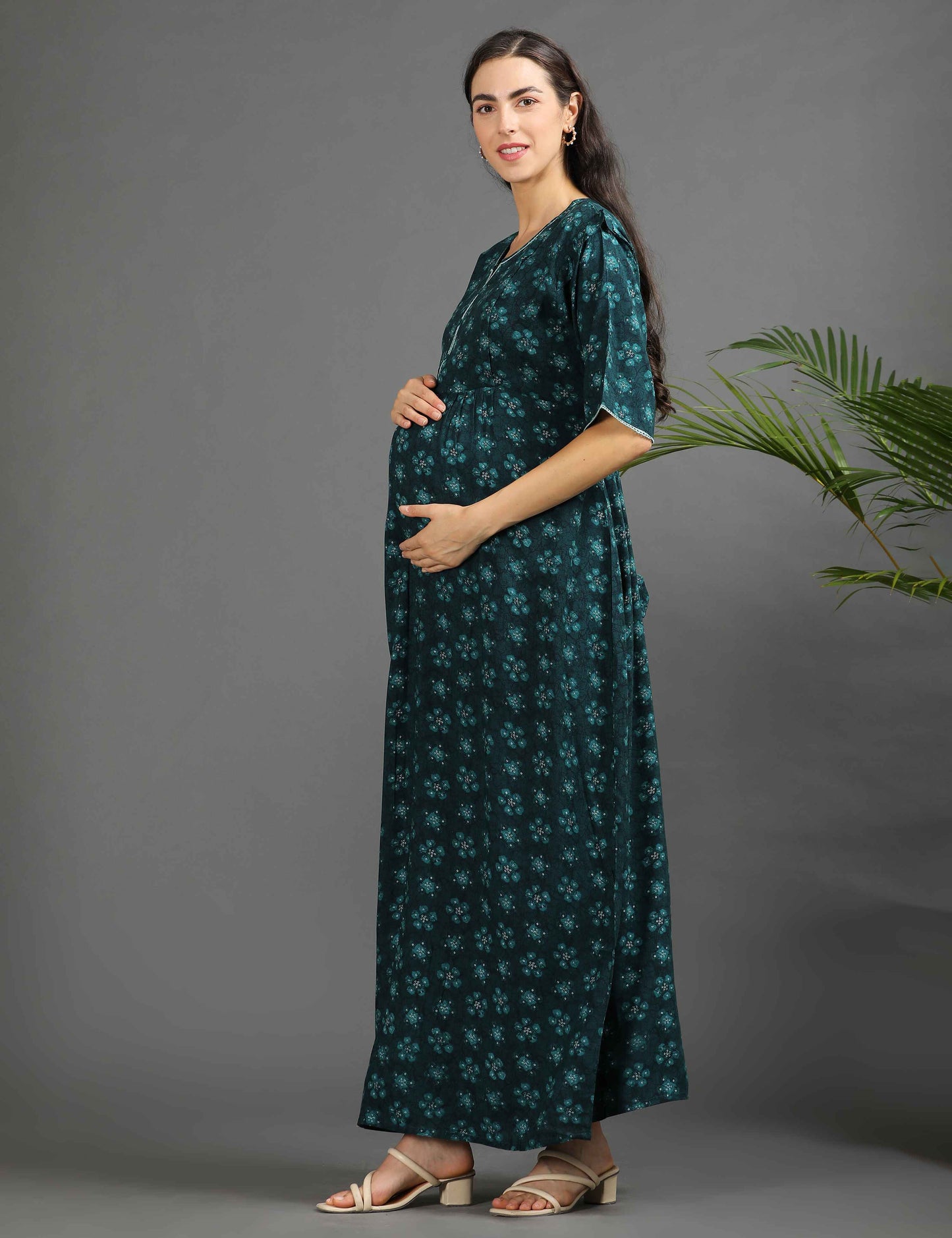 Green-Colored Maternity Long Gown