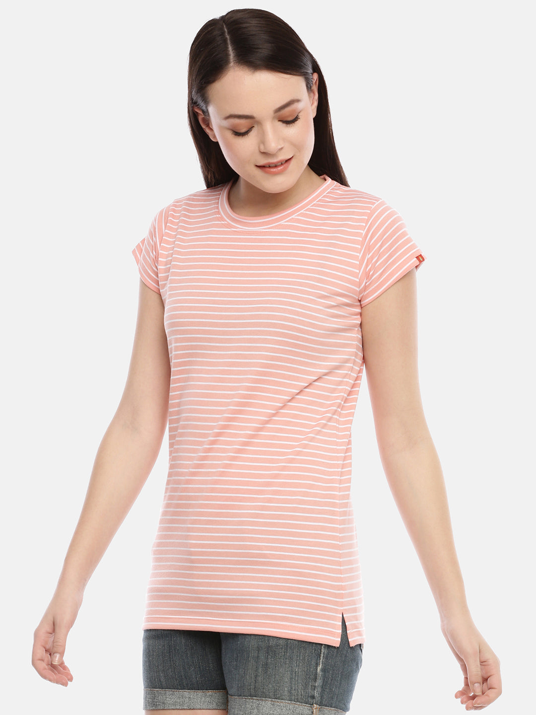 Womens Peach Thin Striped Tees