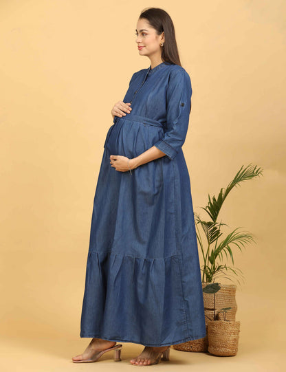 Womens Denim Maternity Long Gown - Blue