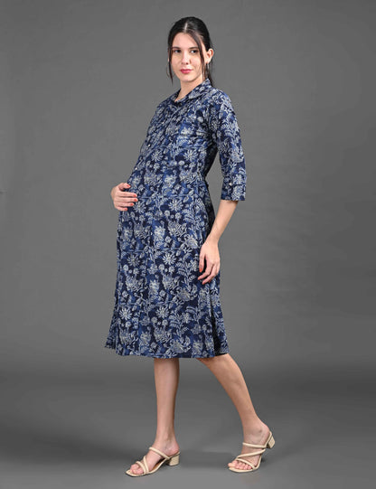 Navy Blue-Colored Maternity 3/4th Gown