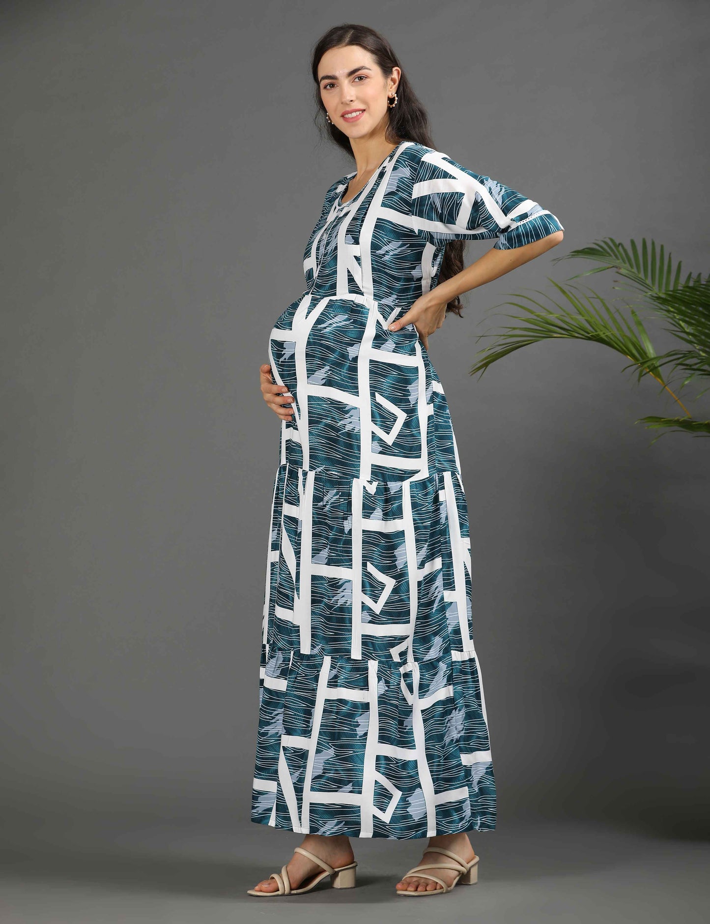 S.Green-Colored Maternity Long Gown