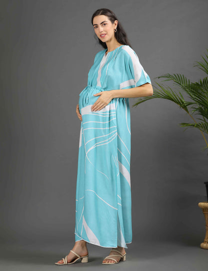 Turquoise-Colored Maternity Kaftan Long Gown