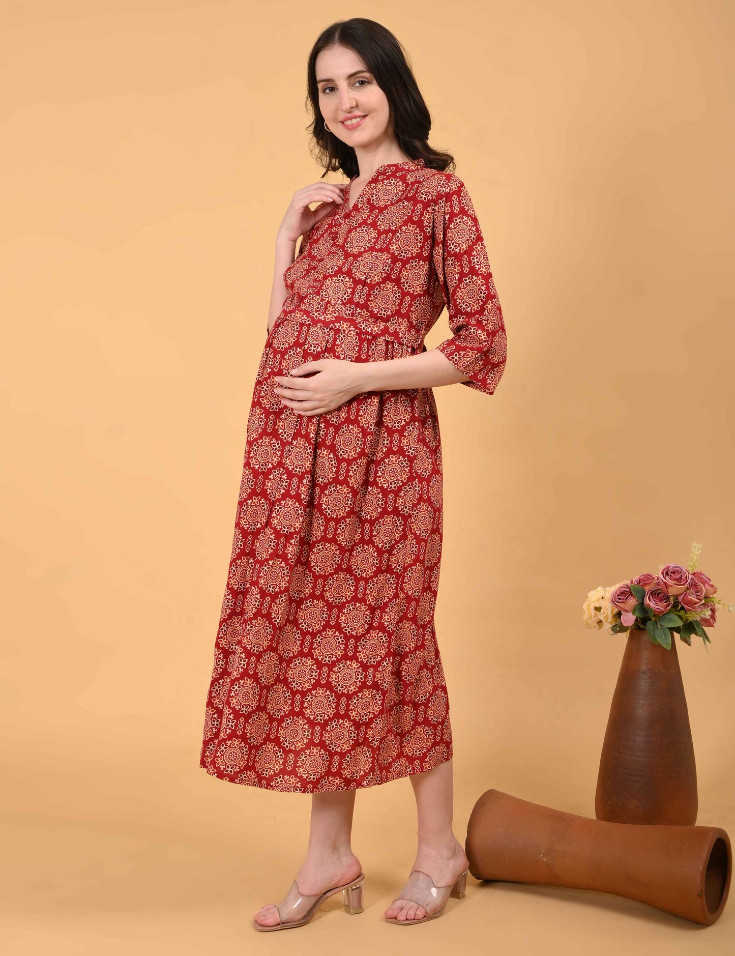 Rust-Colored Maternity 3/4th Gown