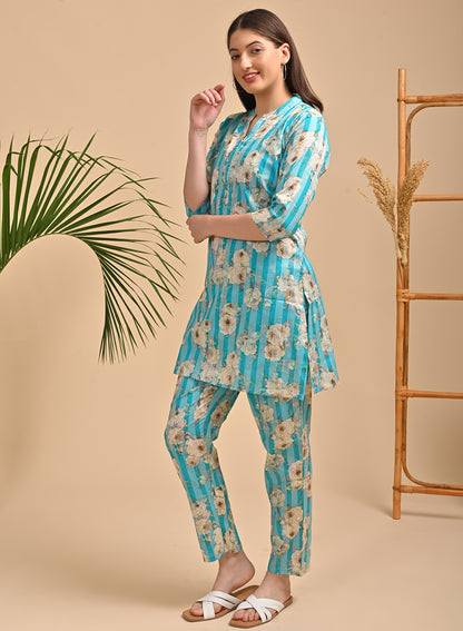 S Green-Colored Printed Long Top Co Ord Set