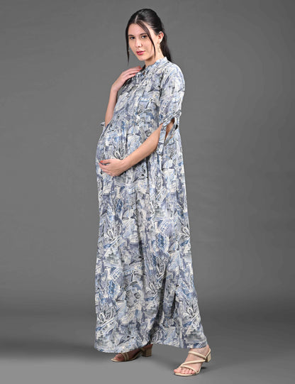 Womens Printed Maternity Long Gown - Grey