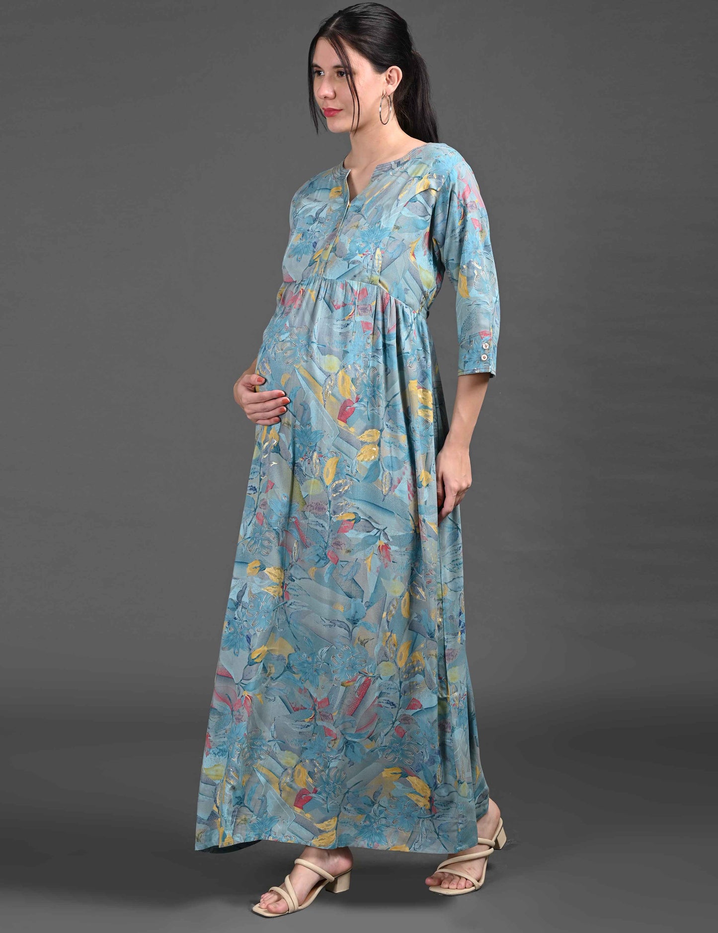 Womens Printed Maternity Long Gown - Grey