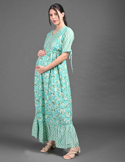 Womens Printed Maternity Long Gown - S.Green