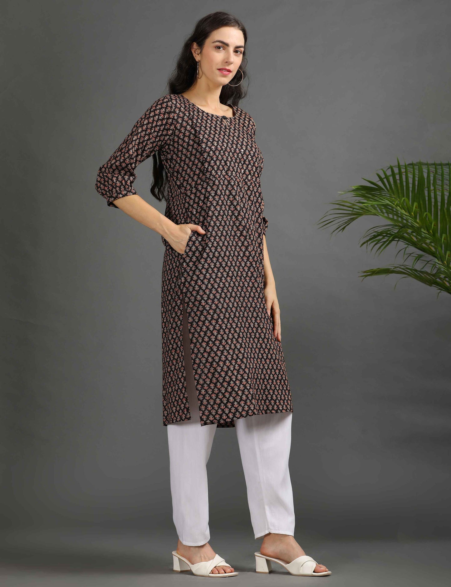 Womens Black-Colored Printed Feeding Kurta