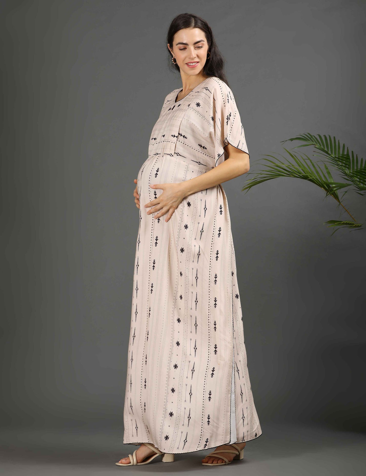 Cream-Colored Maternity Kaftan Long Gown