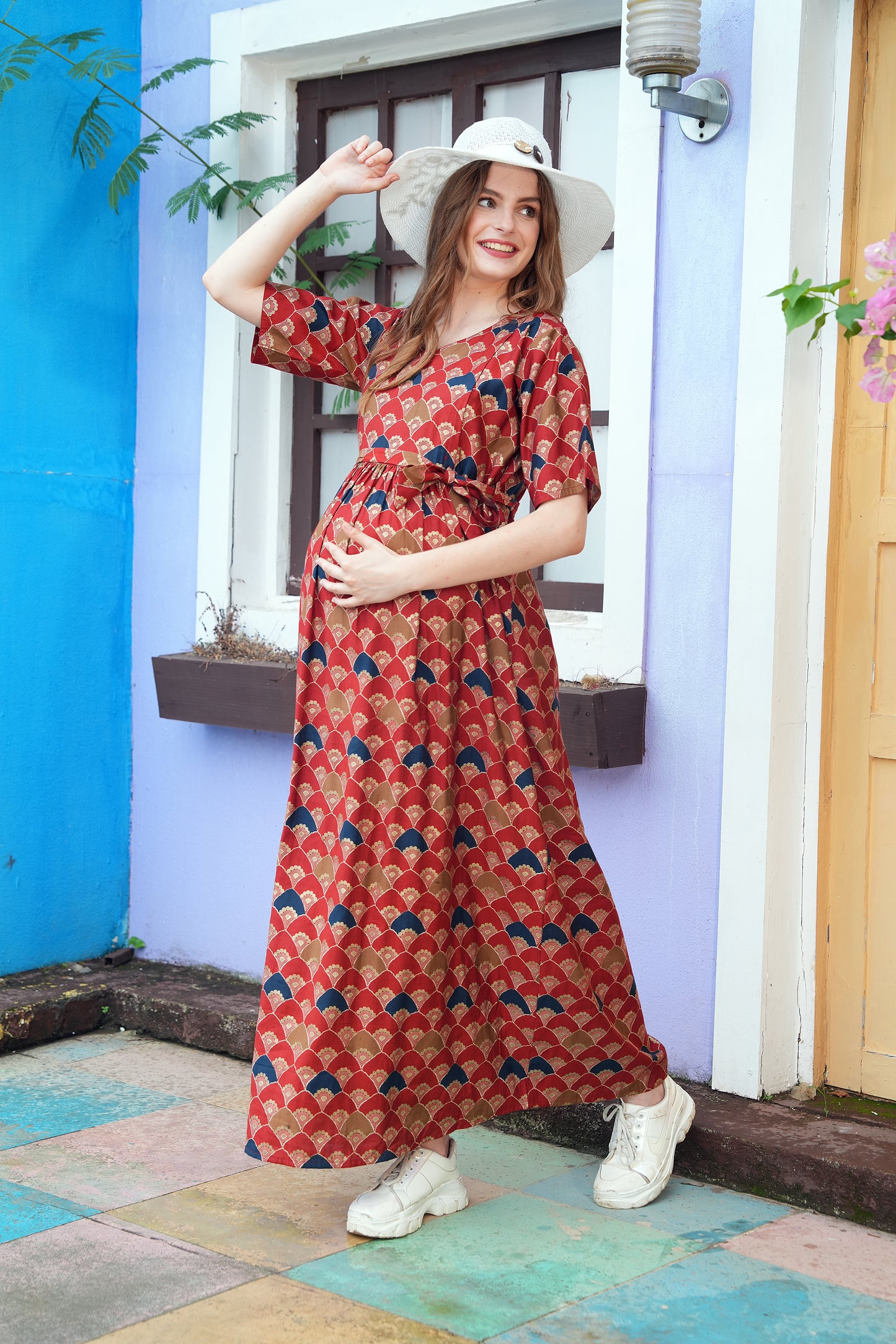 Womens Printed Maternity Long Gown - Red