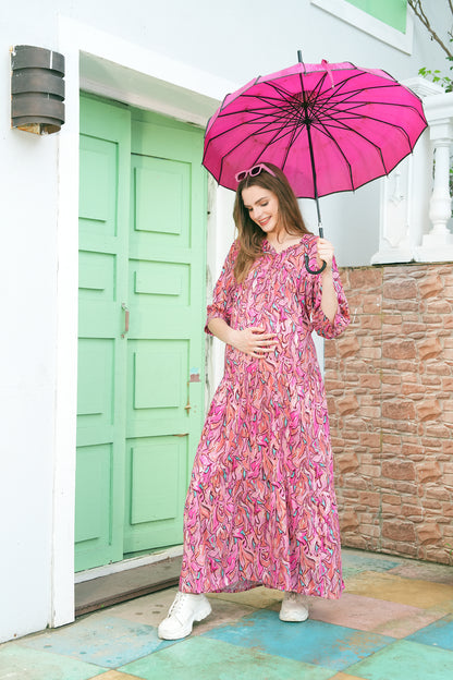 Womens Printed Maternity Long Gown - Fuchsia