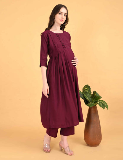Womens Maternity Kurti Pant Set - Maroon