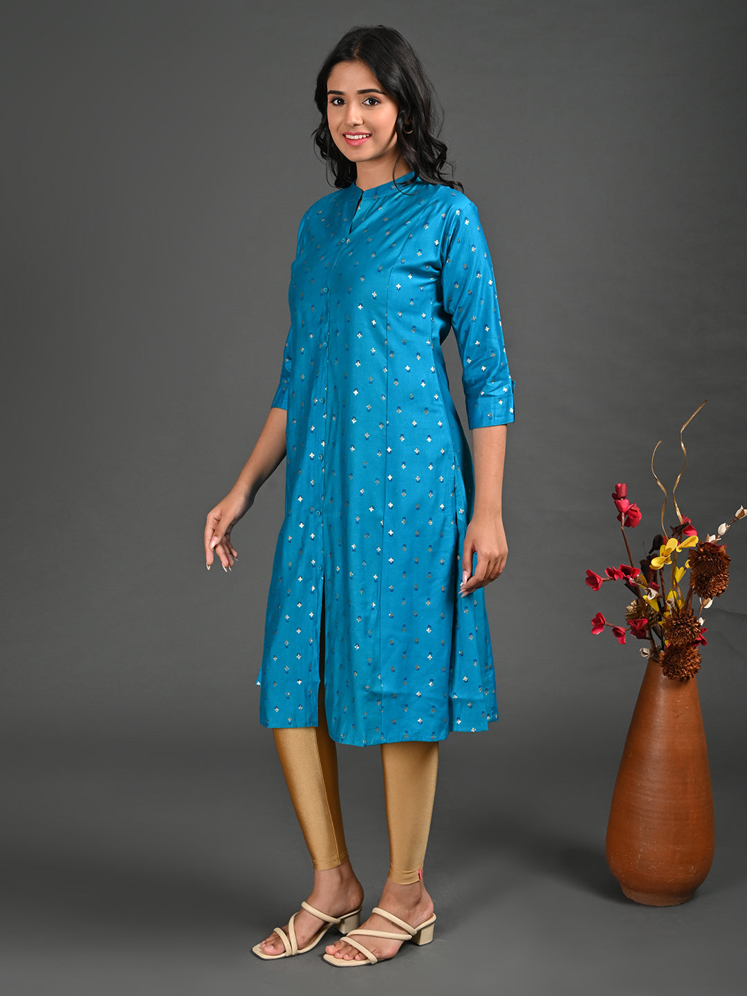 Womens Rama-Colored A-Line Kurta