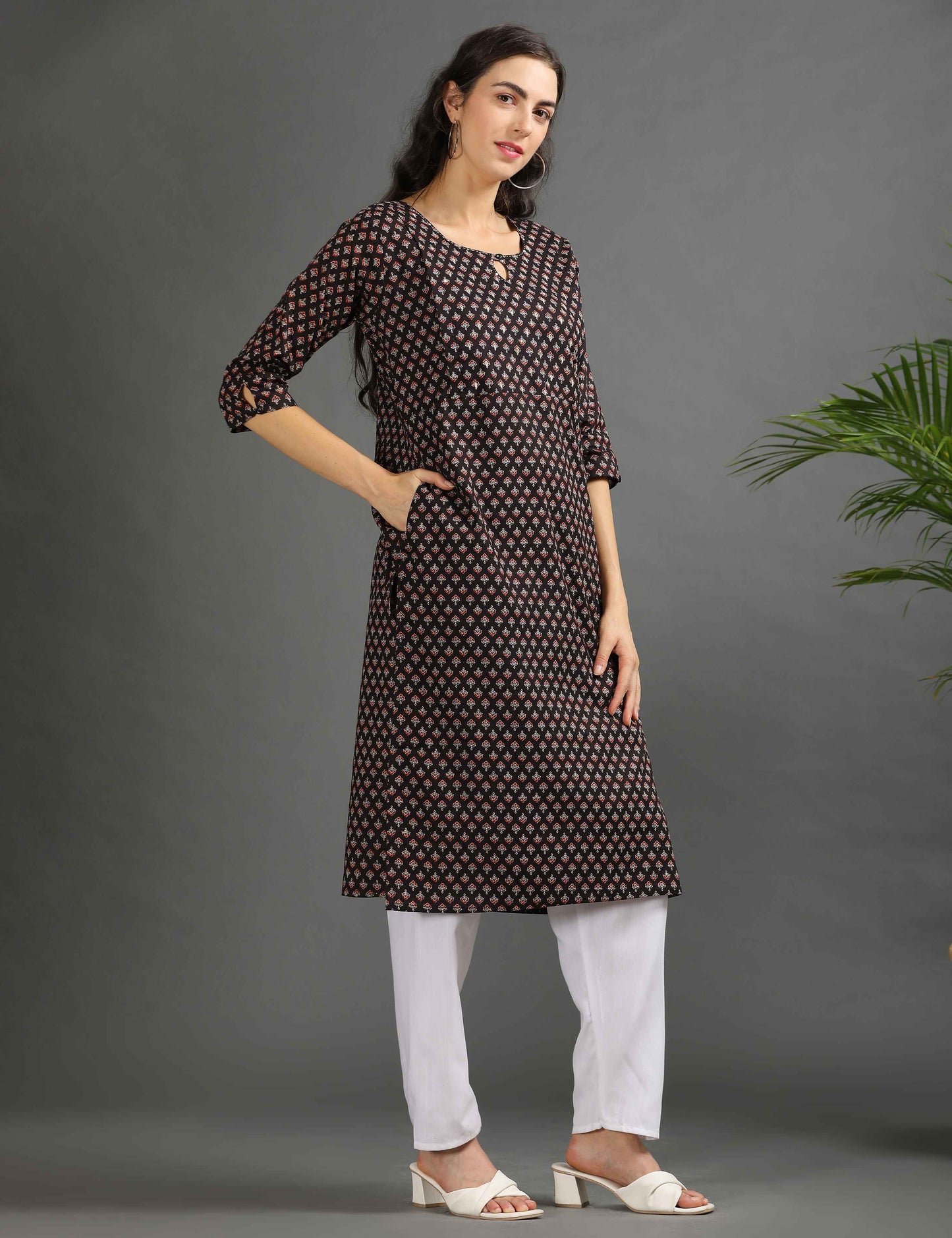 Womens Black-Colored Printed Feeding Kurta