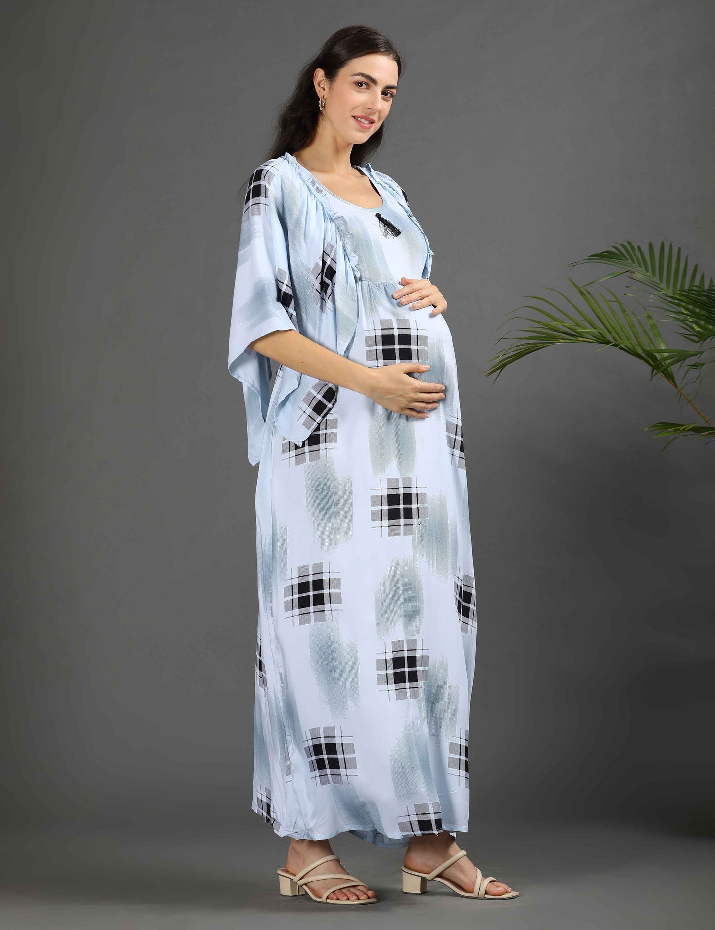 Blue-Colored Maternity Long Gown