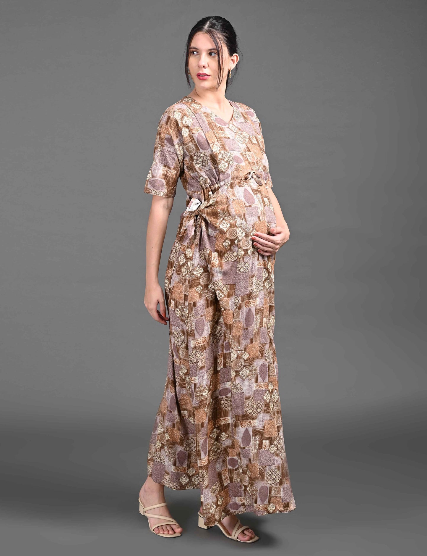 Womens Printed Maternity Long Gown - Brown