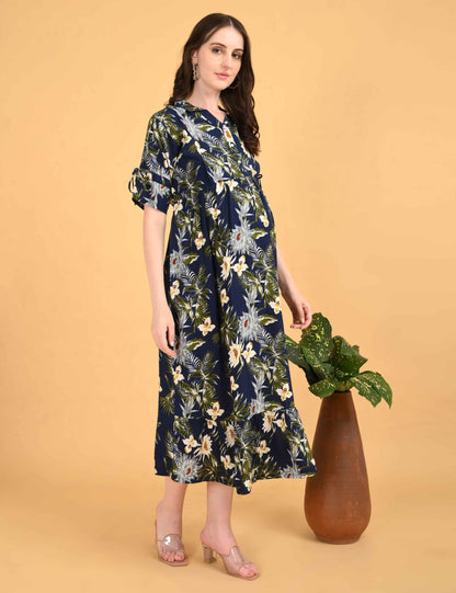 Navy Blue-Colored Maternity 3/4th Gown
