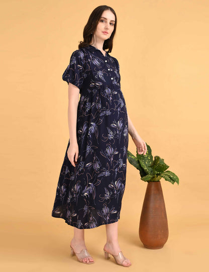 Navy-Colored Maternity 3/4th Gown