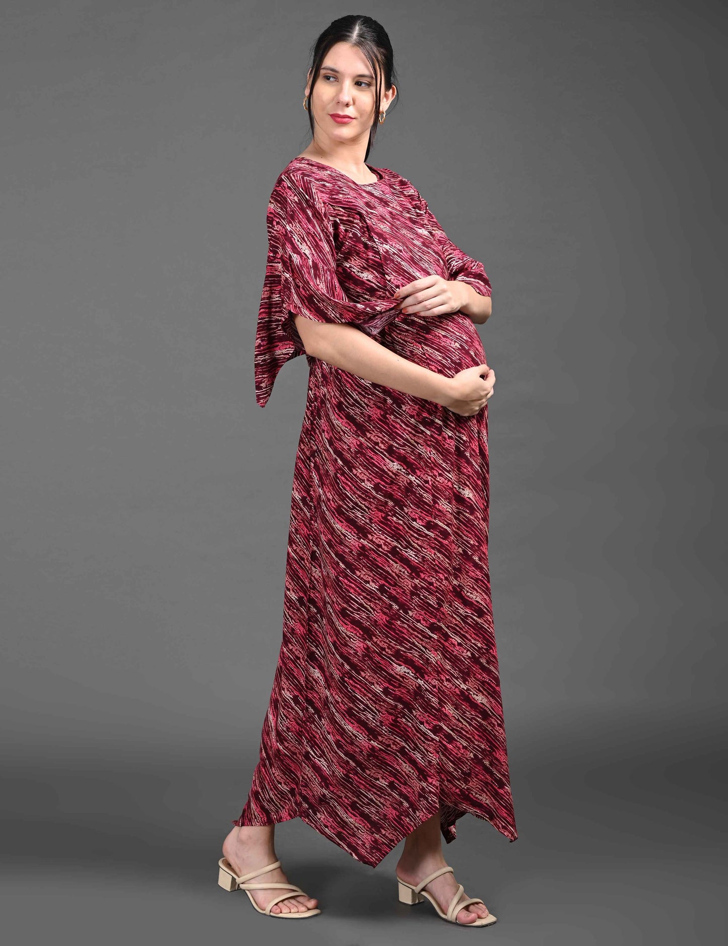 Womens Printed Maternity Long Gown - Maroon