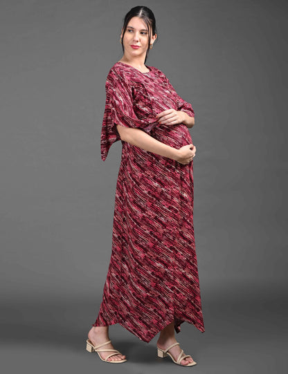 Womens Printed Maternity Long Gown - Maroon