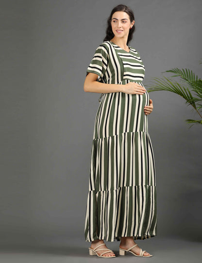 L Green-Colored Maternity Long Gown