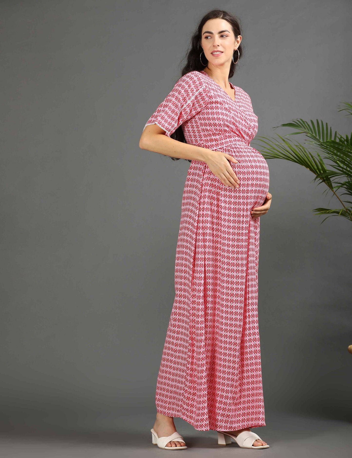 Pink-Colored Maternity Long Gown