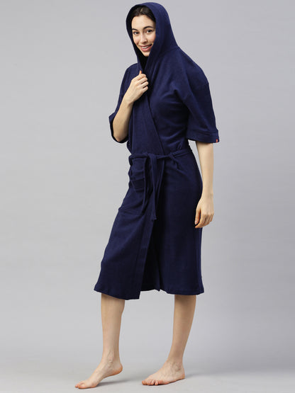 Womens Hooded Bathrobe - Navy Blue