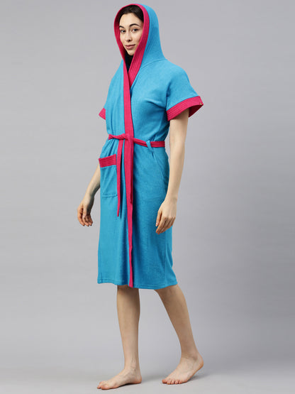 Womens Hooded Bathrobe - Turquoise Blue