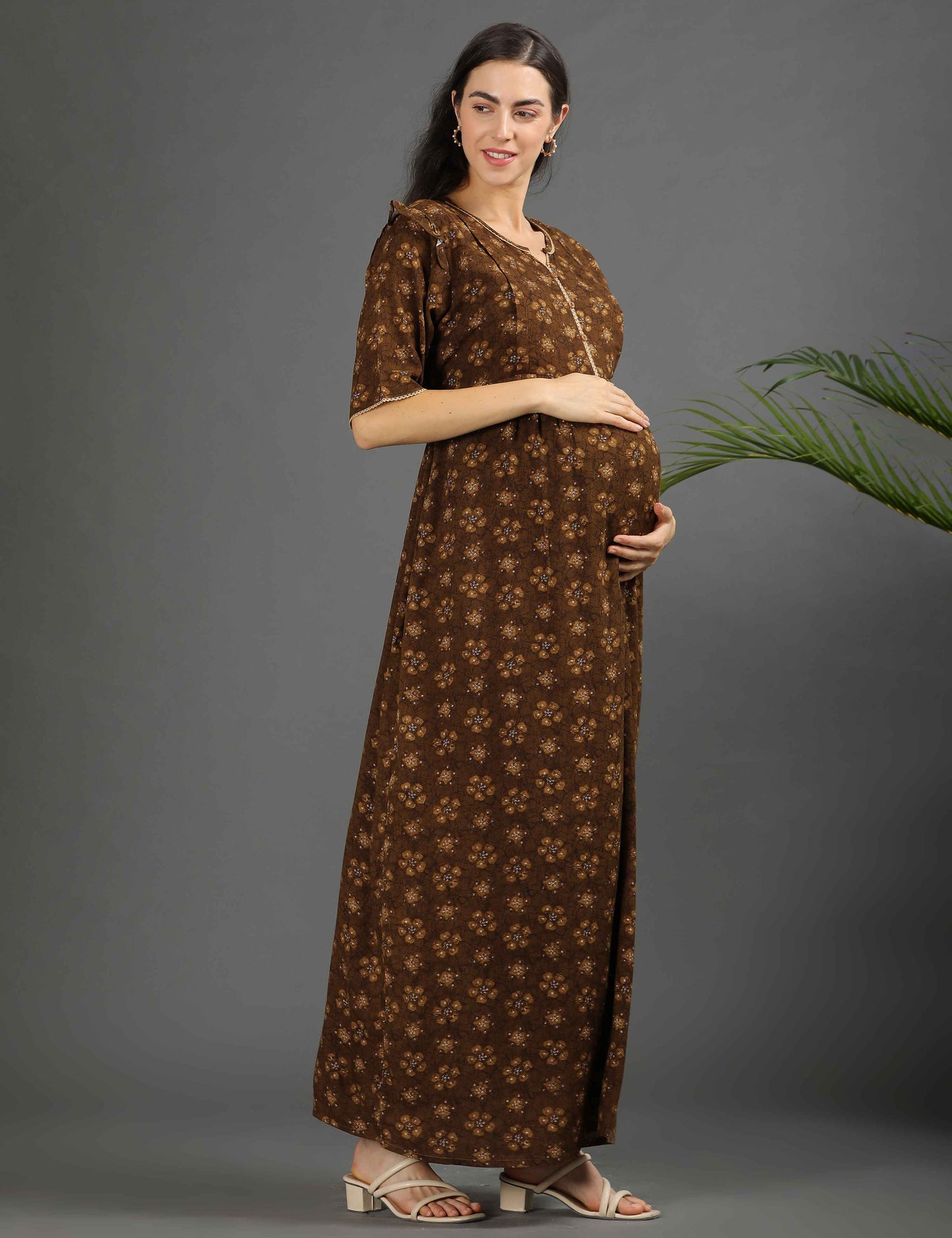 Khaki-Colored Maternity Long Gown