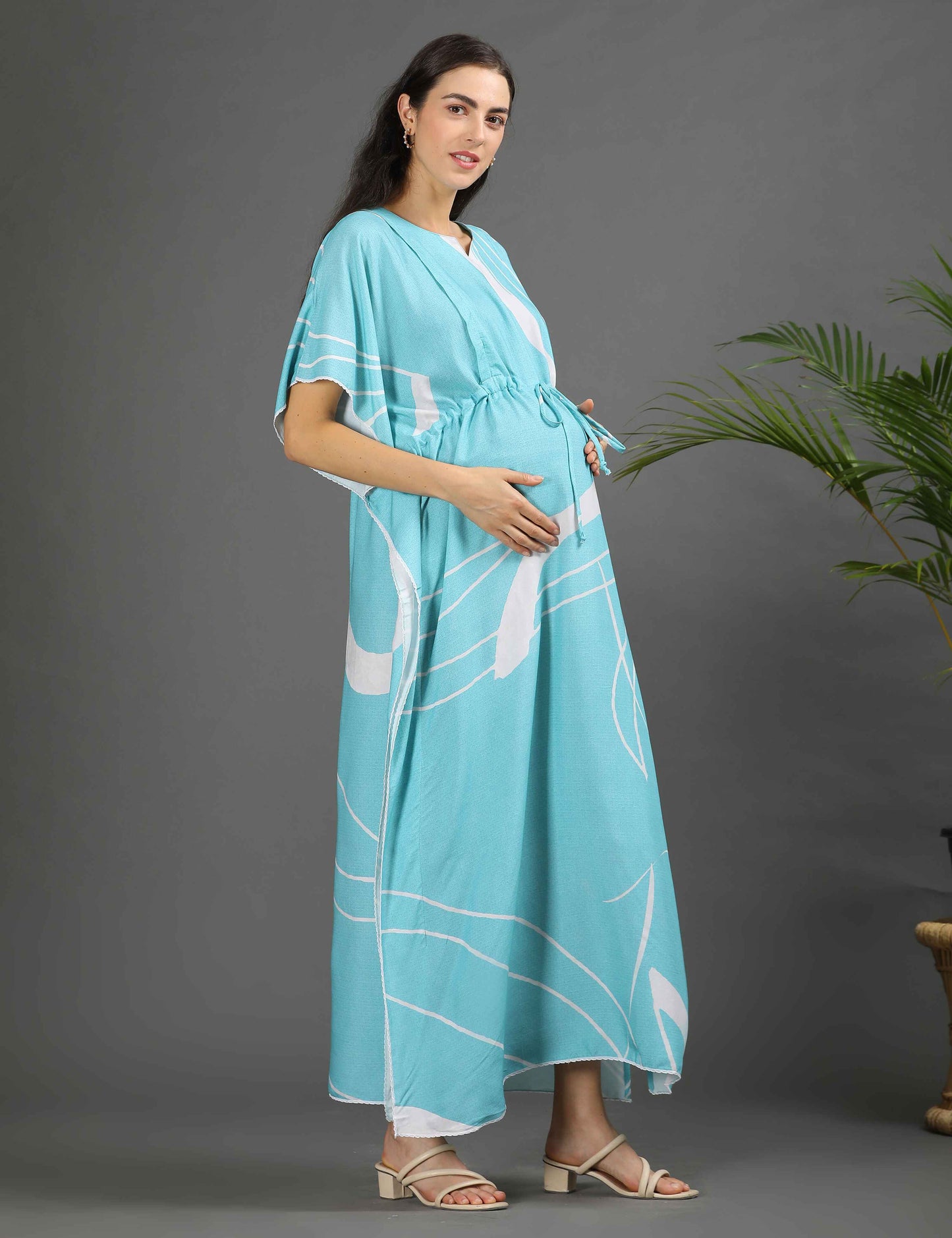 Turquoise-Colored Maternity Kaftan Long Gown