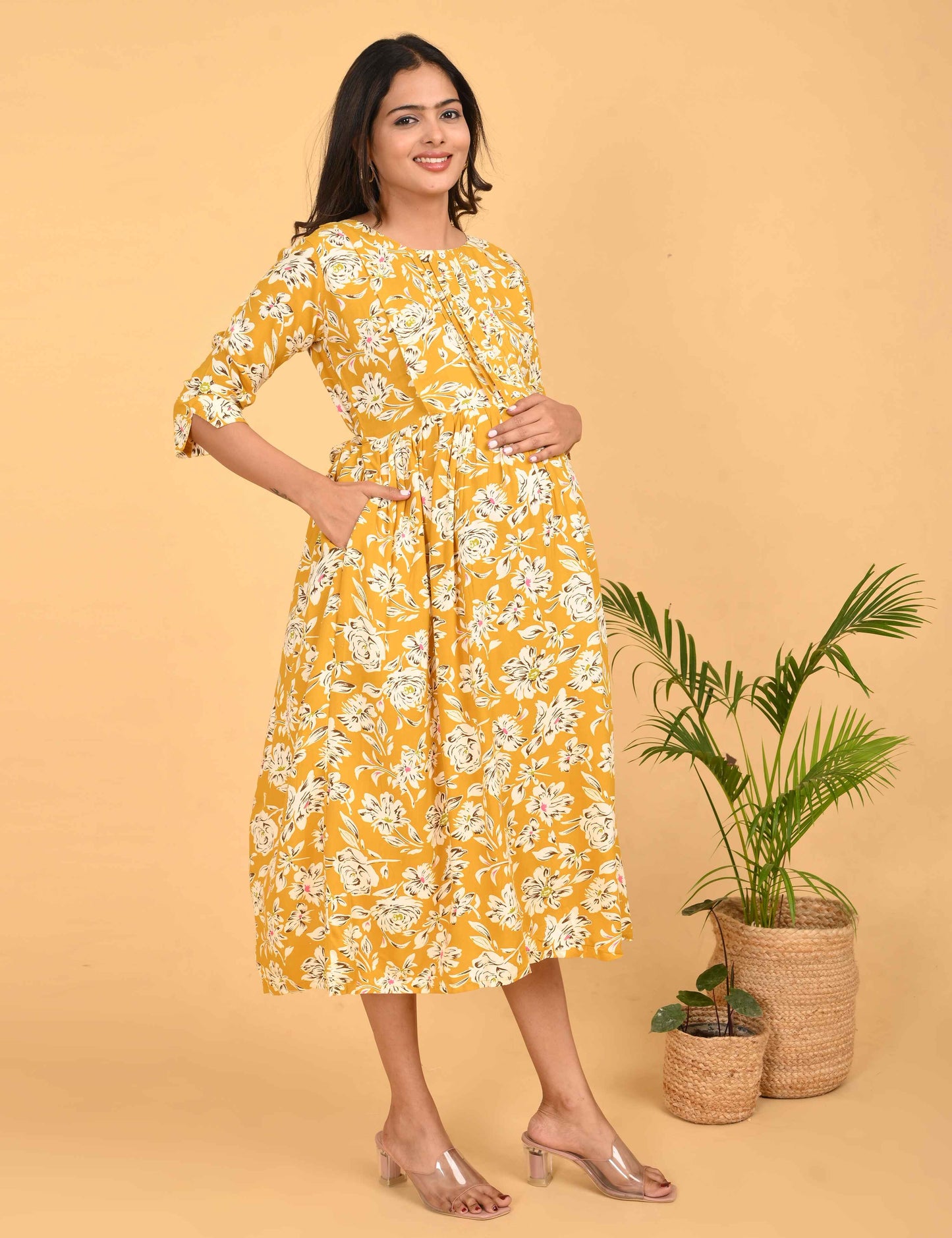 Mustard-Colored Maternity 3/4th Gown