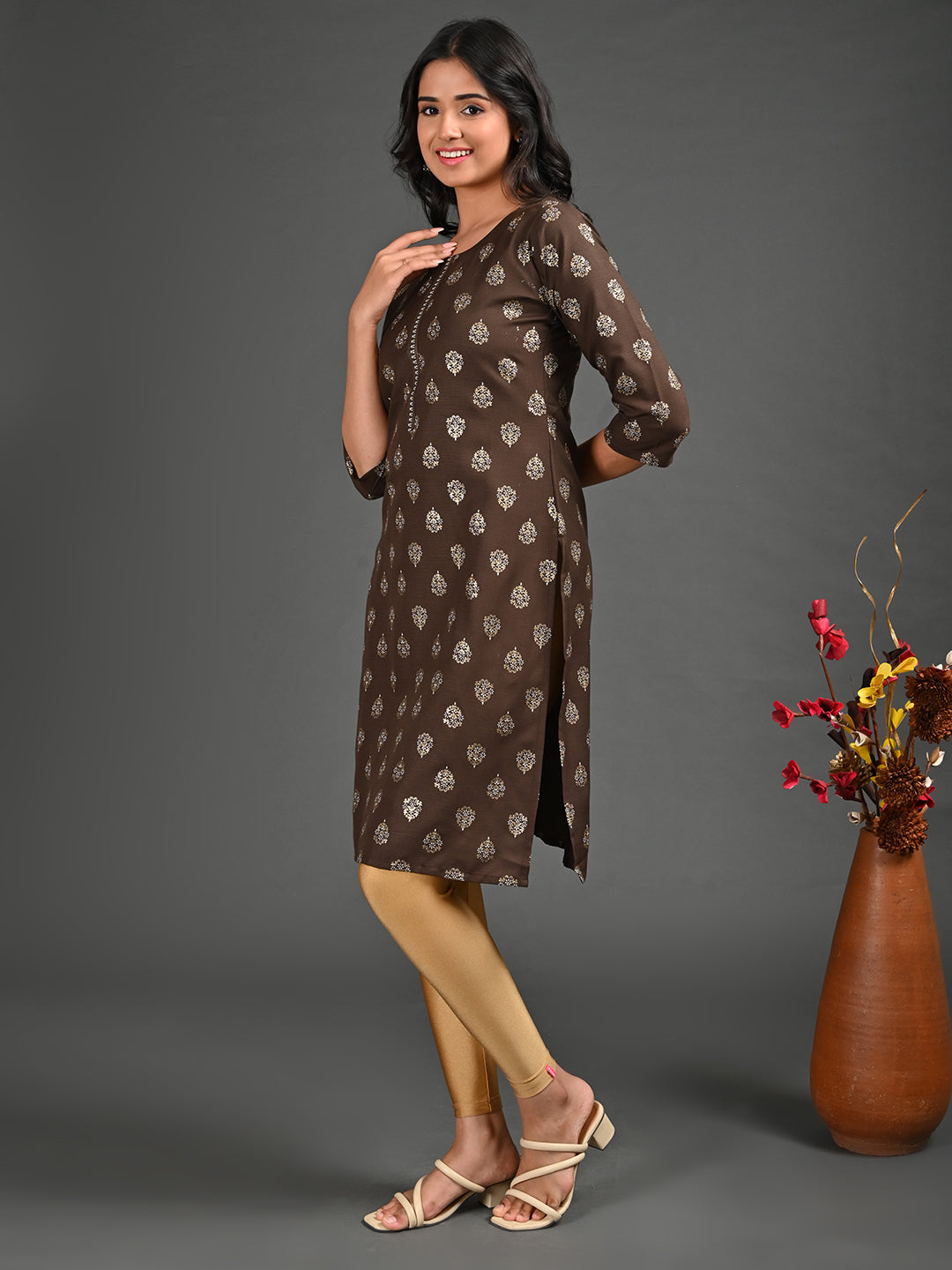 Womens Coffee-Colored Straight Kurta