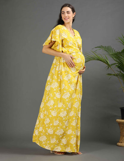 Yellow-Colored Maternity Long Gown