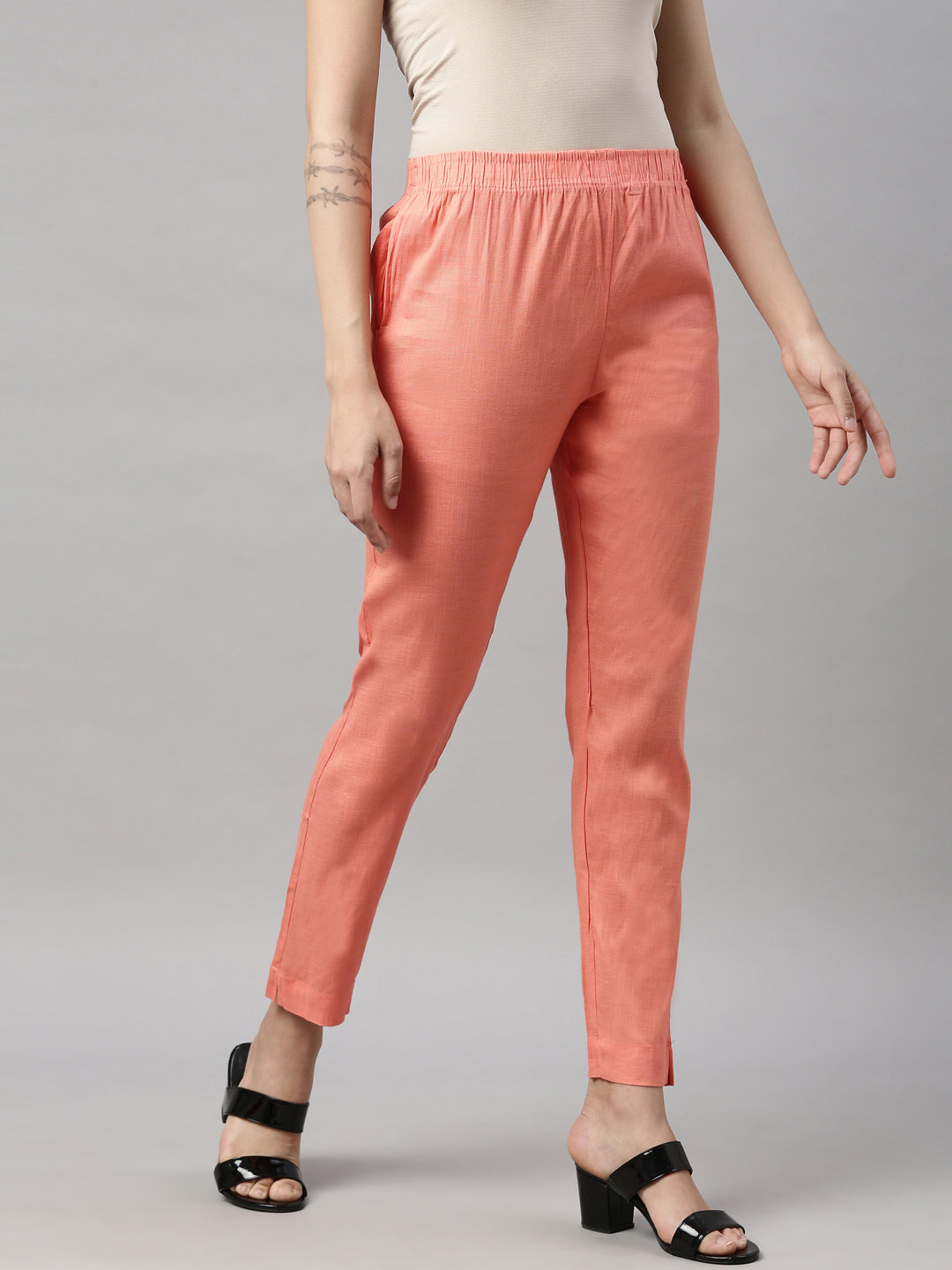 Womens Stretchable Solid Cigar Pant - L.Peach