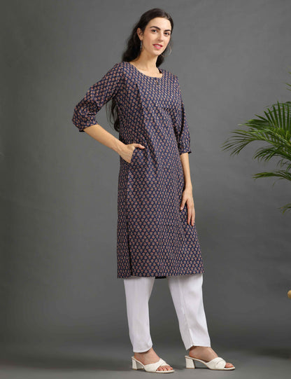 Womens Navy-Colored Printed Feeding Kurta