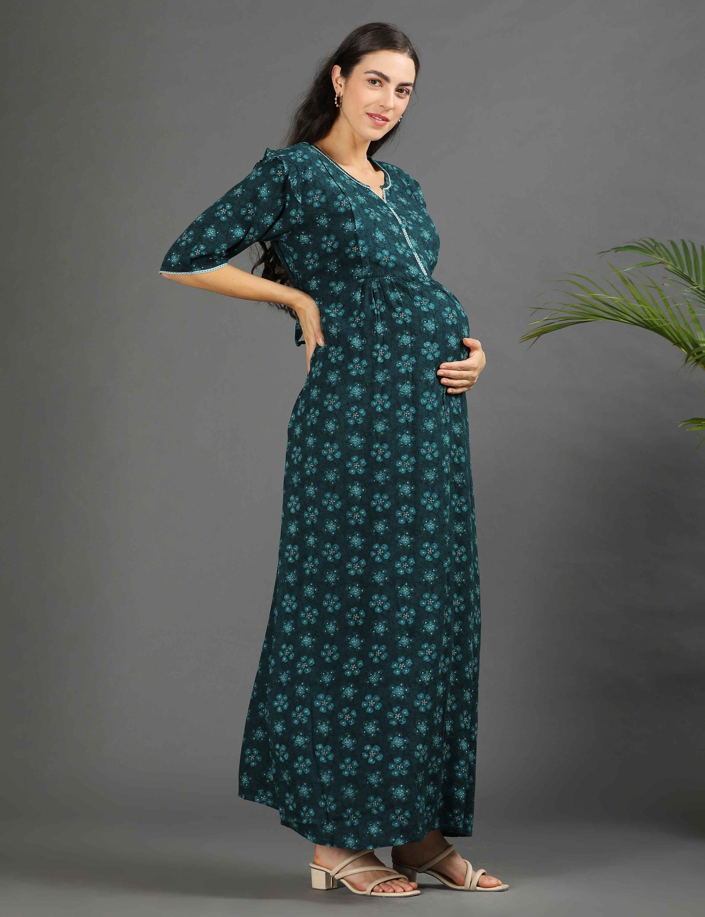 Green-Colored Maternity Long Gown