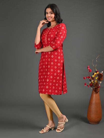 Womens Red-Colored Straight Kurta