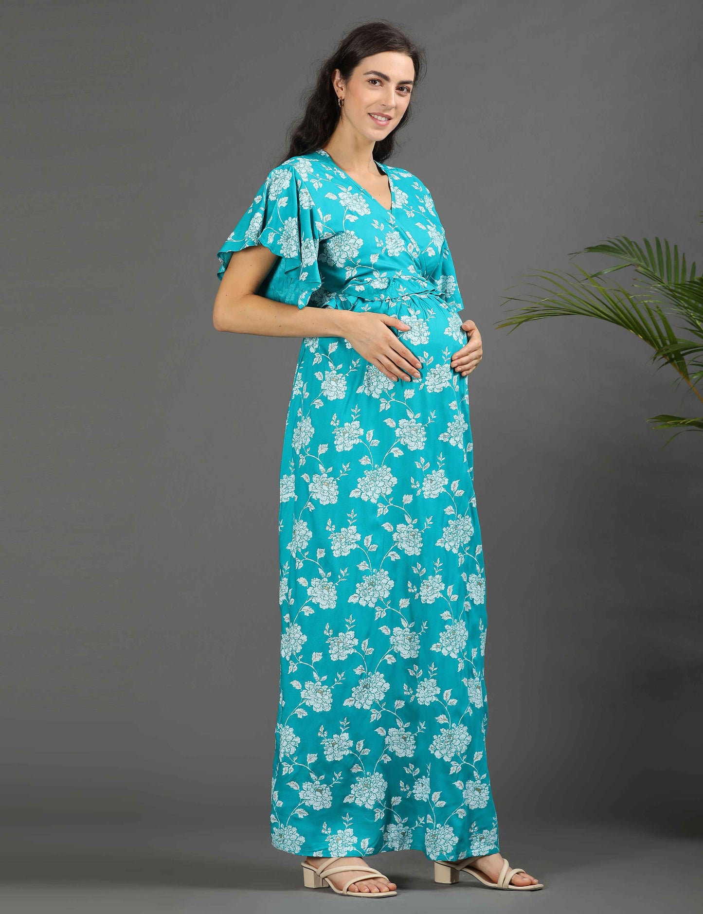 Sea Green-Colored Maternity Long Gown