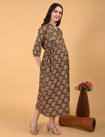 Khaki-Colored Maternity 3/4th Gown