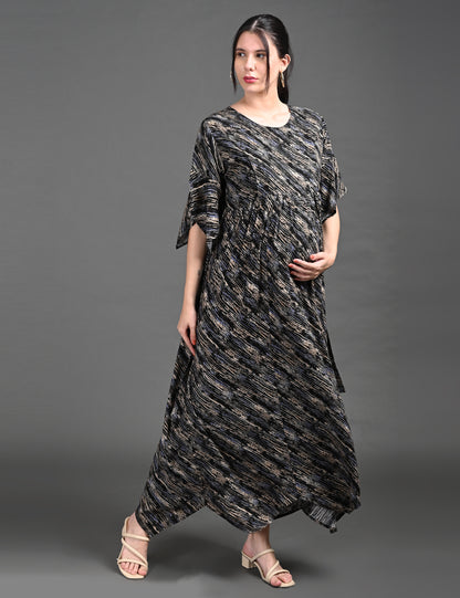 Womens Printed Maternity Long Gown - Black