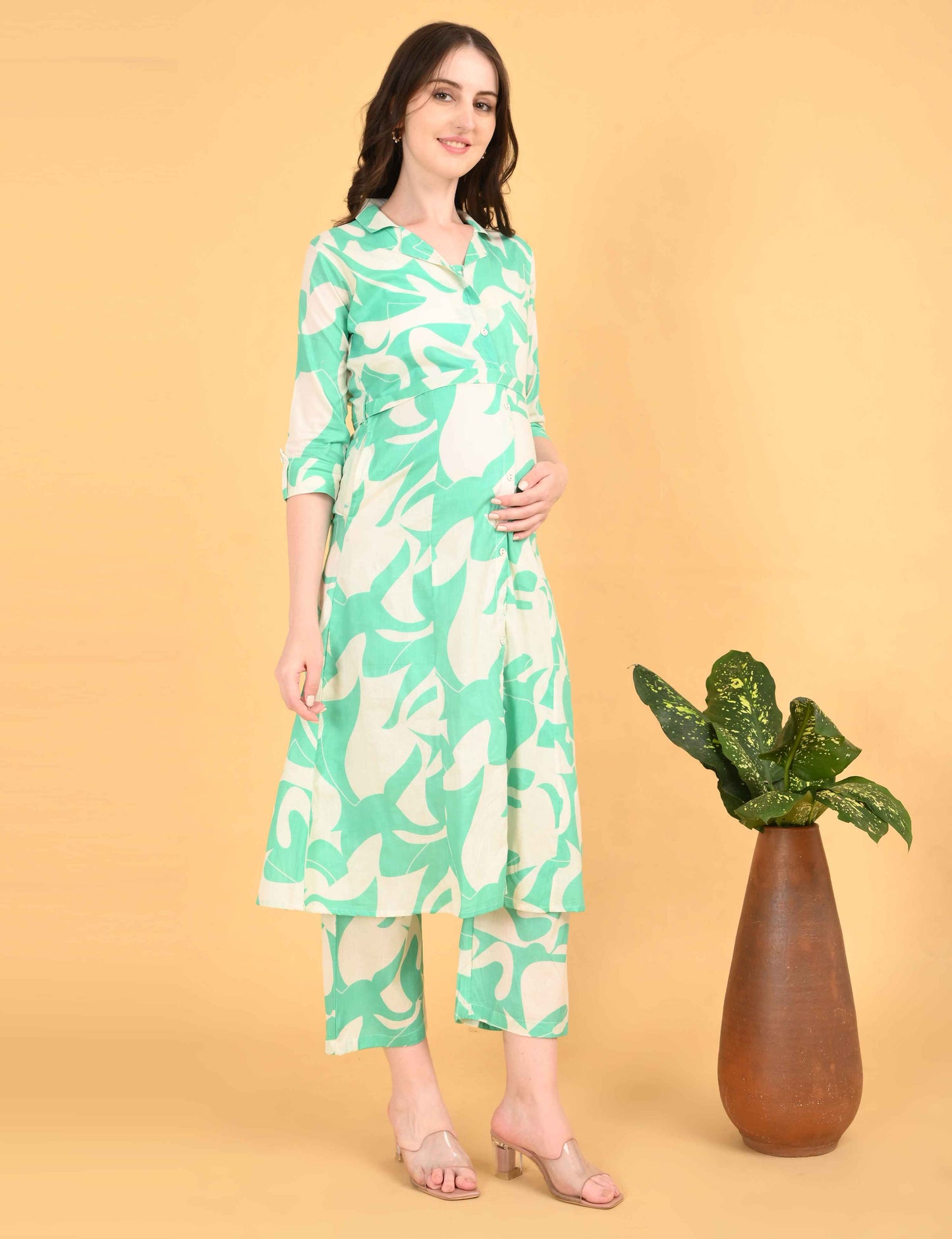 Womens Maternity Kurti Pant Set - L Green