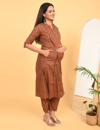 Womens Maternity Kurti Pant Set - Rust
