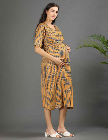 Mustard-Colored Maternity 3/4th Gown