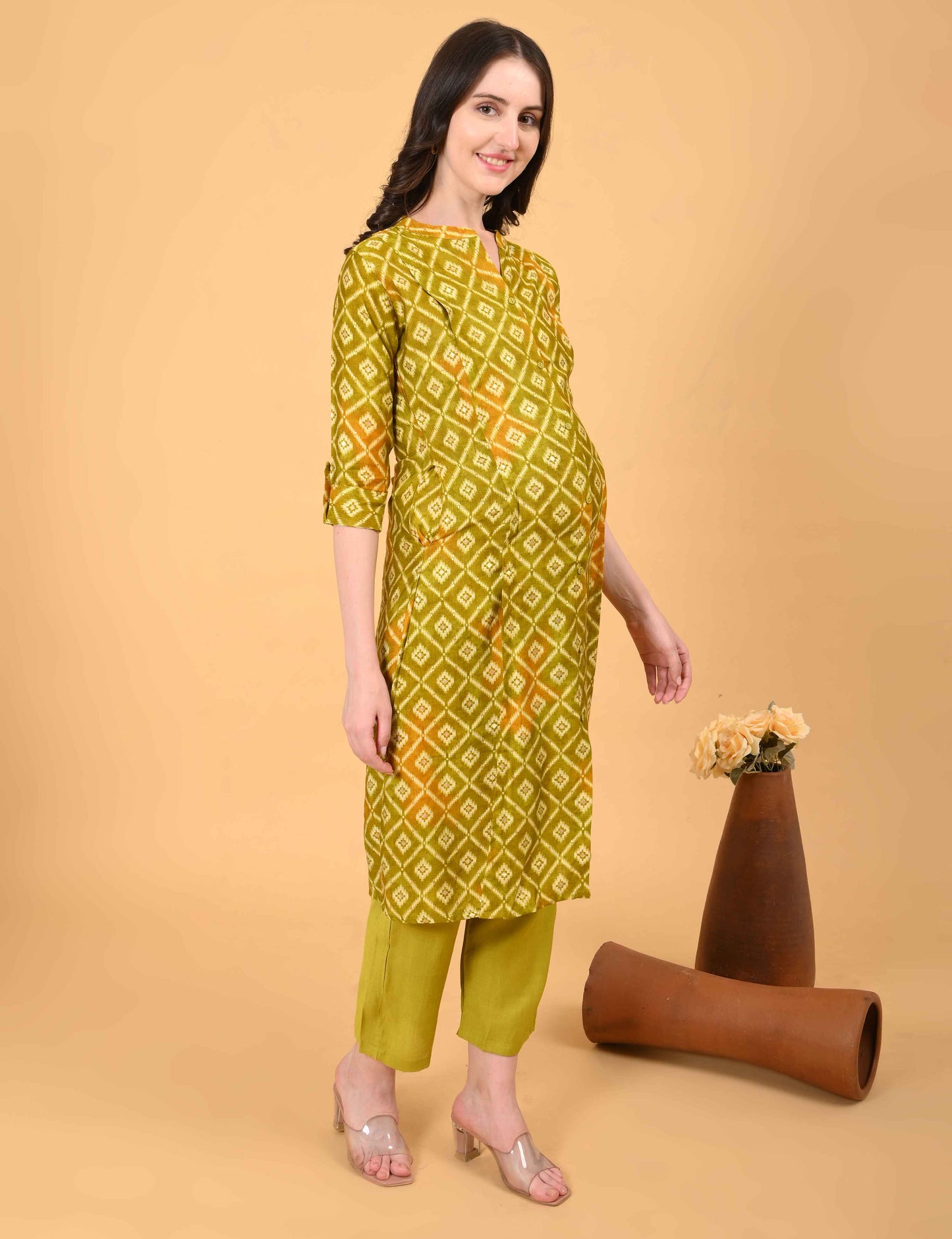 Womens Maternity Kurti Pant Set - Mehndi